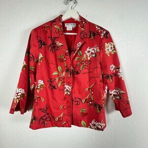 Nancy Bolen City Girl Petite Women Red Floral Cherry Print Blazer Jacket Size 10
